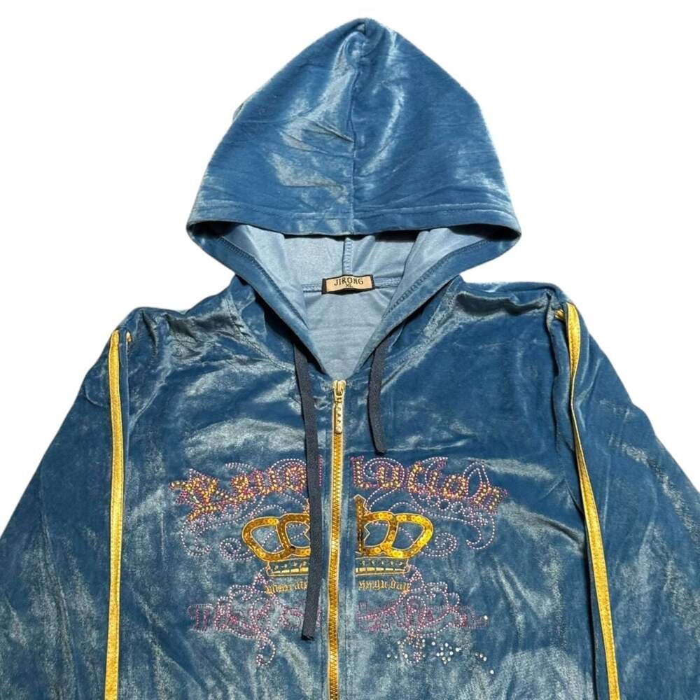 Jirong Blue Velvet Rhinestone Crown Full Zip Hoodie Jacket Size XL